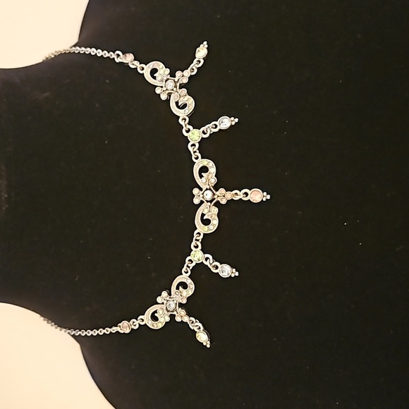 YCLM Pastel Rhinestones on Filagree Silvertone 15" Long w/ 4" Extension Necklace - Picture 1 of 8